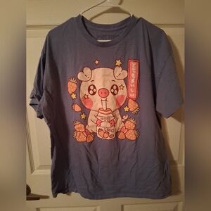 Hot Topic Blue Pig and Strawberry Tee